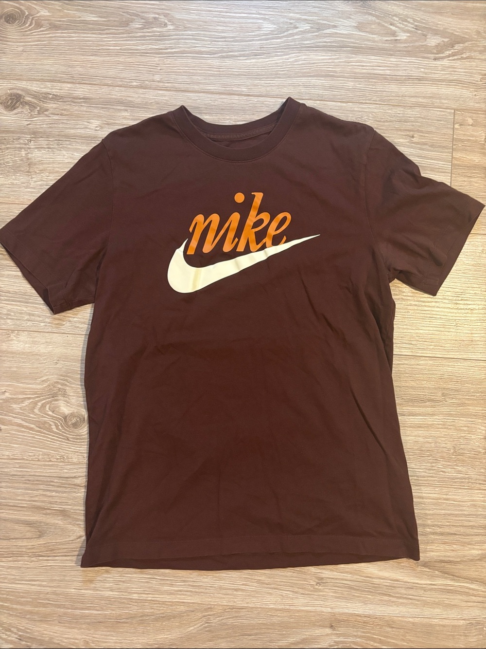 Nike Brown Short Sleeve Tee with Orange Script and Cream Swoosh